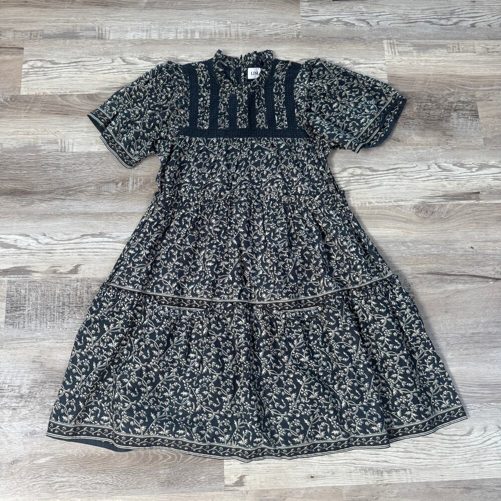 LINI Black Floral Cotton Eyelet Tiered Mini Dress Cottagecore Prairie Boho Small